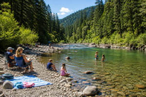 Families enjoying the river at Swimmers Delight in Humboldt County